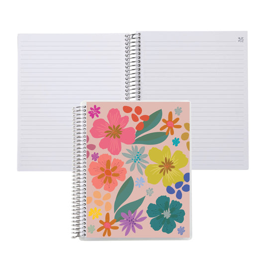 7x9 Popping Petals Coiled Notebook - lined, platinum coil