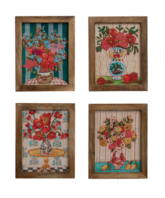 Creative Co-op Wood Framed Cotton Embroidered Wall Decor with Flowers in Vase