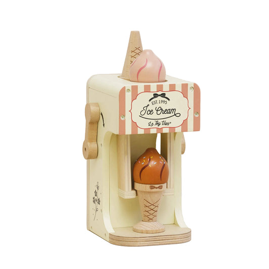 Wooden ice cream toy set with a striped box on a beige background