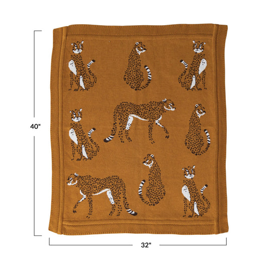 Creative Co-Op Cotton Knit Blanket with Cheetahs
