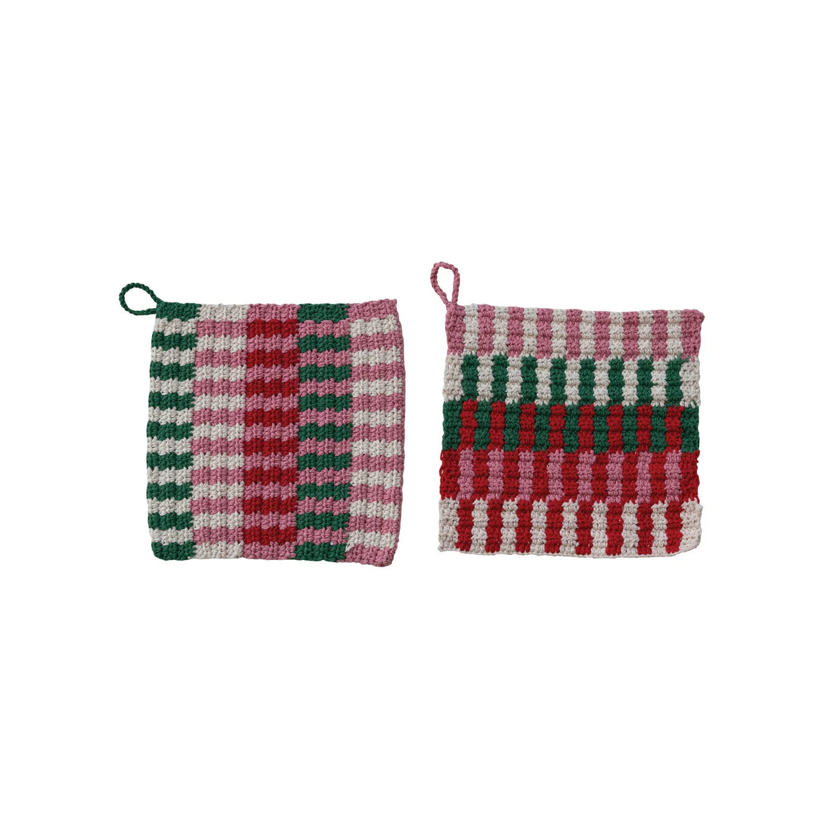 Cotton Crocheted Potholder w Stripe Pattern, Multi Color, 2 Styles