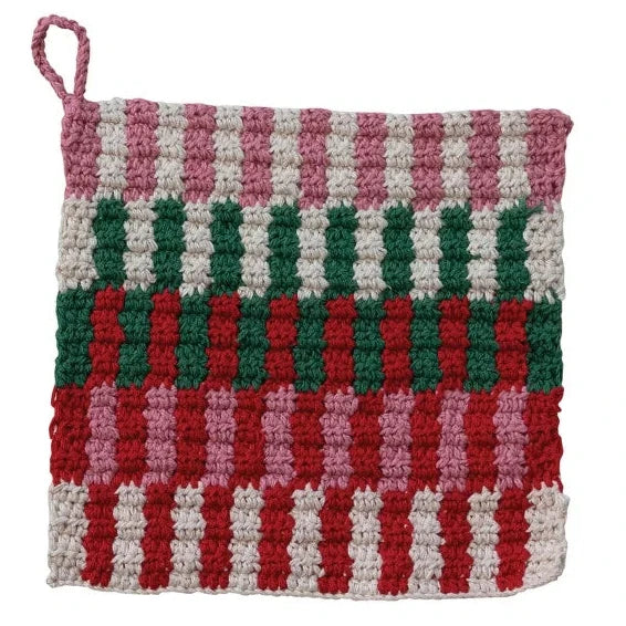 Cotton Crocheted Potholder w Stripe Pattern, Multi Color, 2 Styles