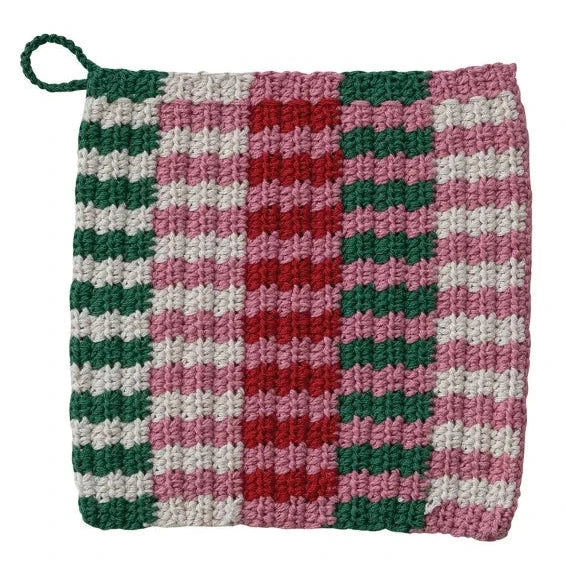 Cotton Crocheted Potholder w Stripe Pattern, Multi Color, 2 Styles