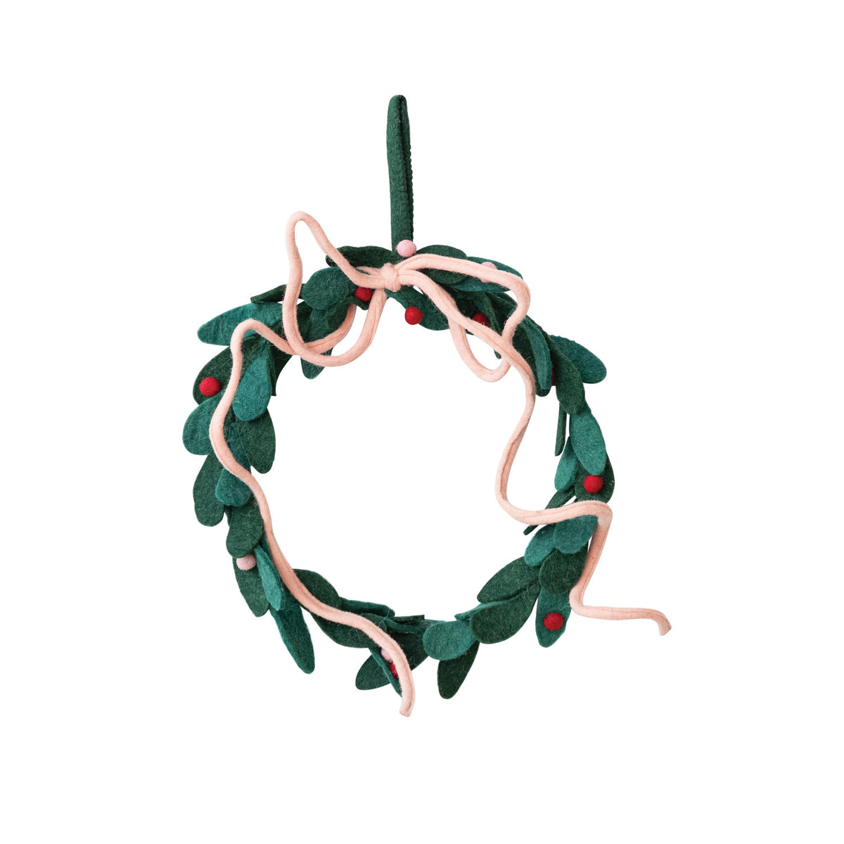 Handmade Wool Felt Leaves Wreath w Bow & Berries, Green