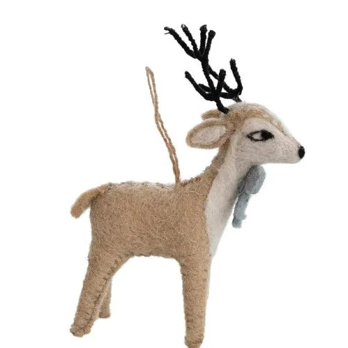 Handmade Wool Felt Reindeer Ornament, Multi Color, 3 Styles