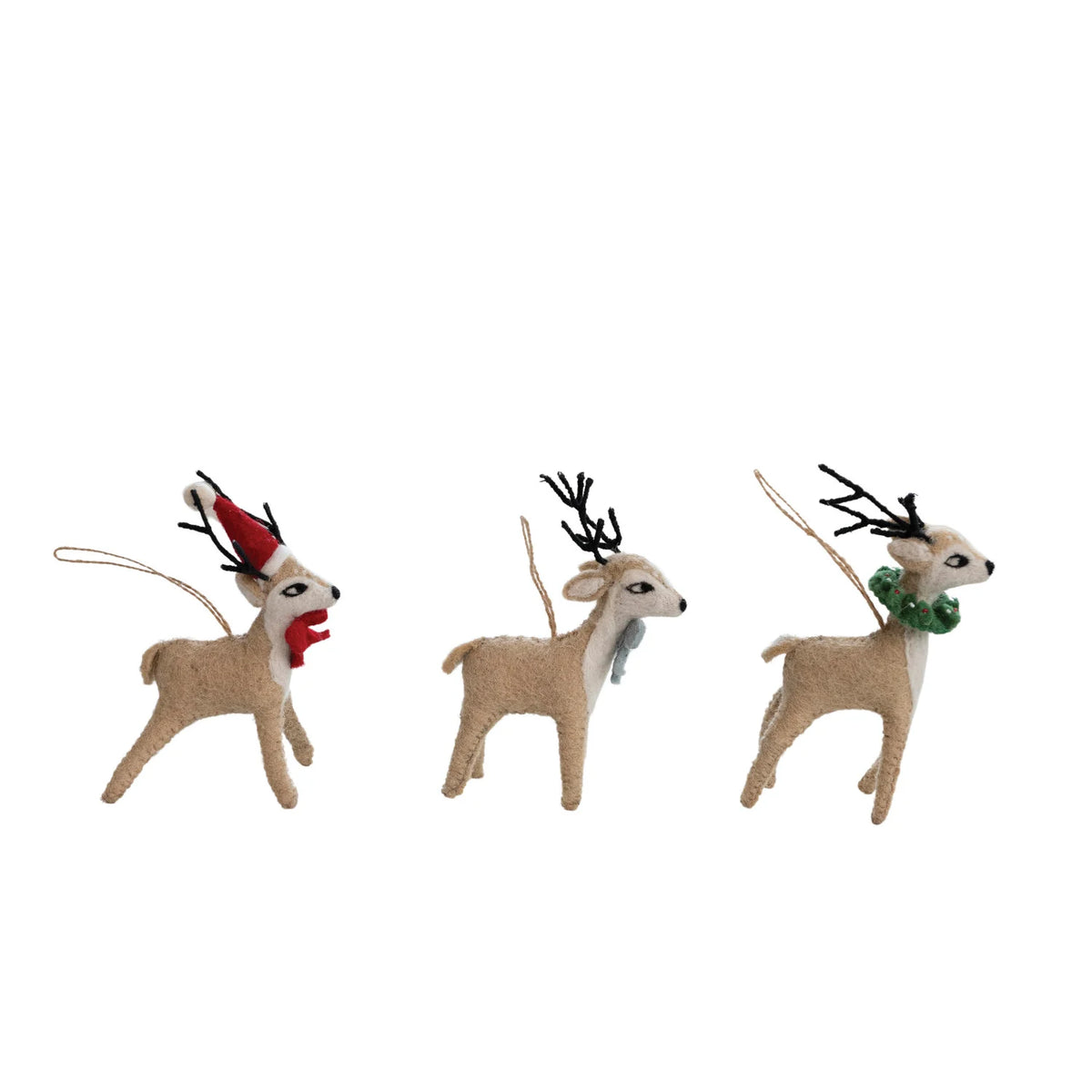 Handmade Wool Felt Reindeer Ornament, Multi Color, 3 Styles