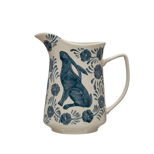 Stoneware pitcher with Rabbit and Flowers