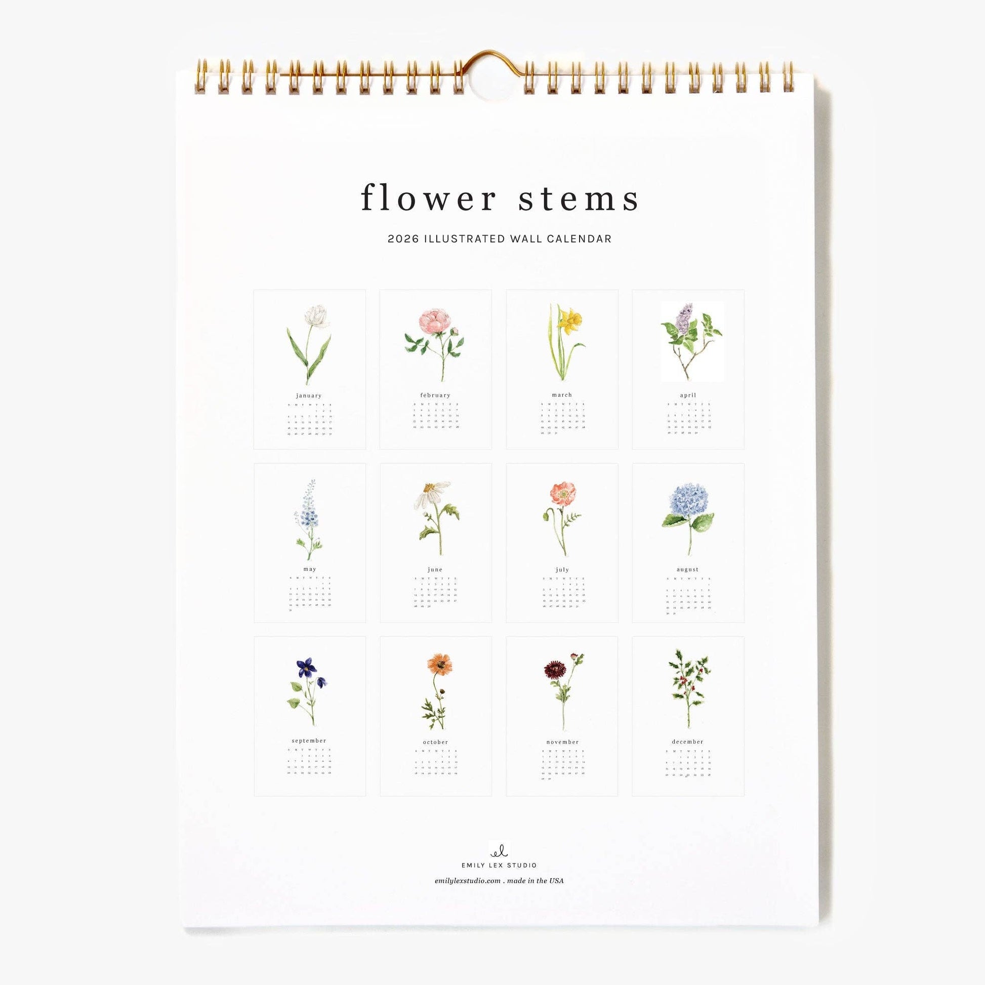 Calendar with illustrations of flower stems on a white background