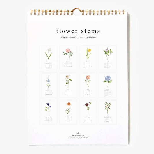 Calendar with illustrations of flower stems on a white background