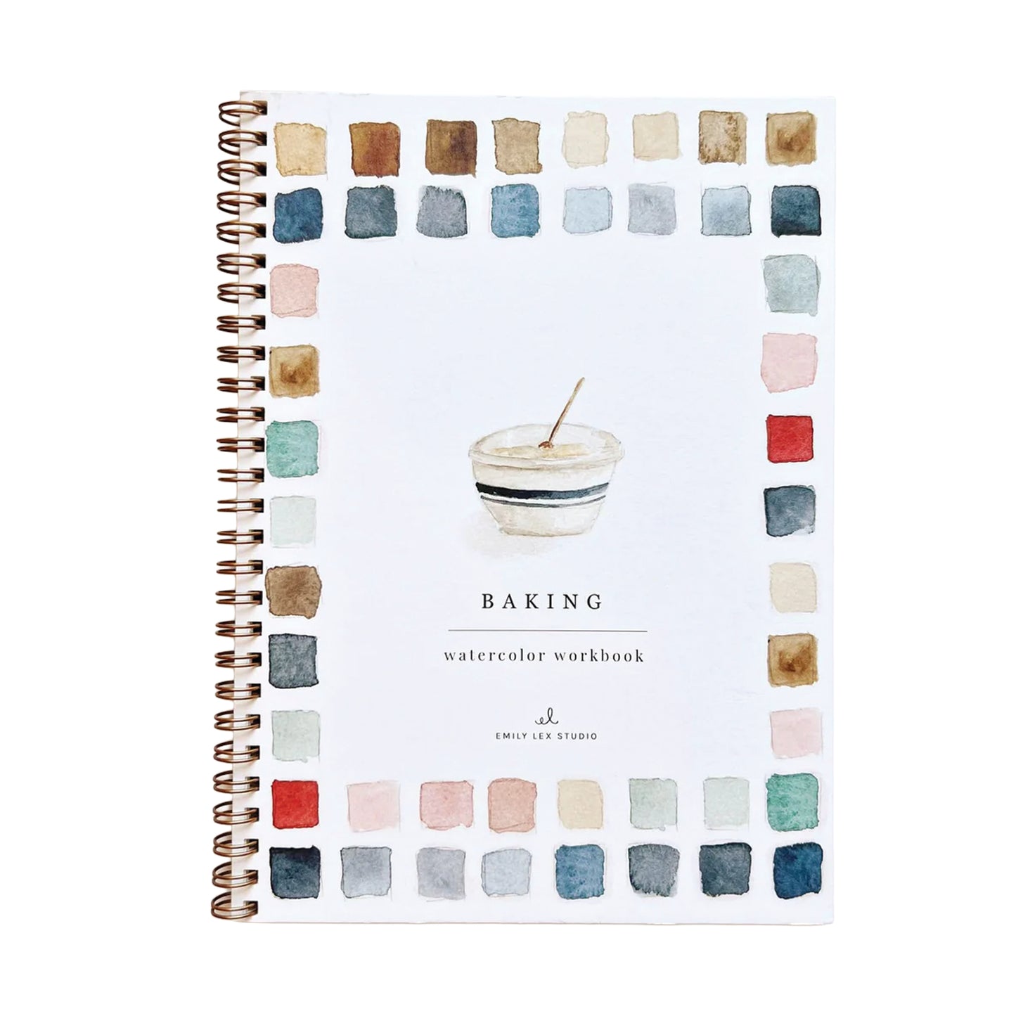 Spiral-bound workbook titled 'Baking' with watercolor squares on a white background