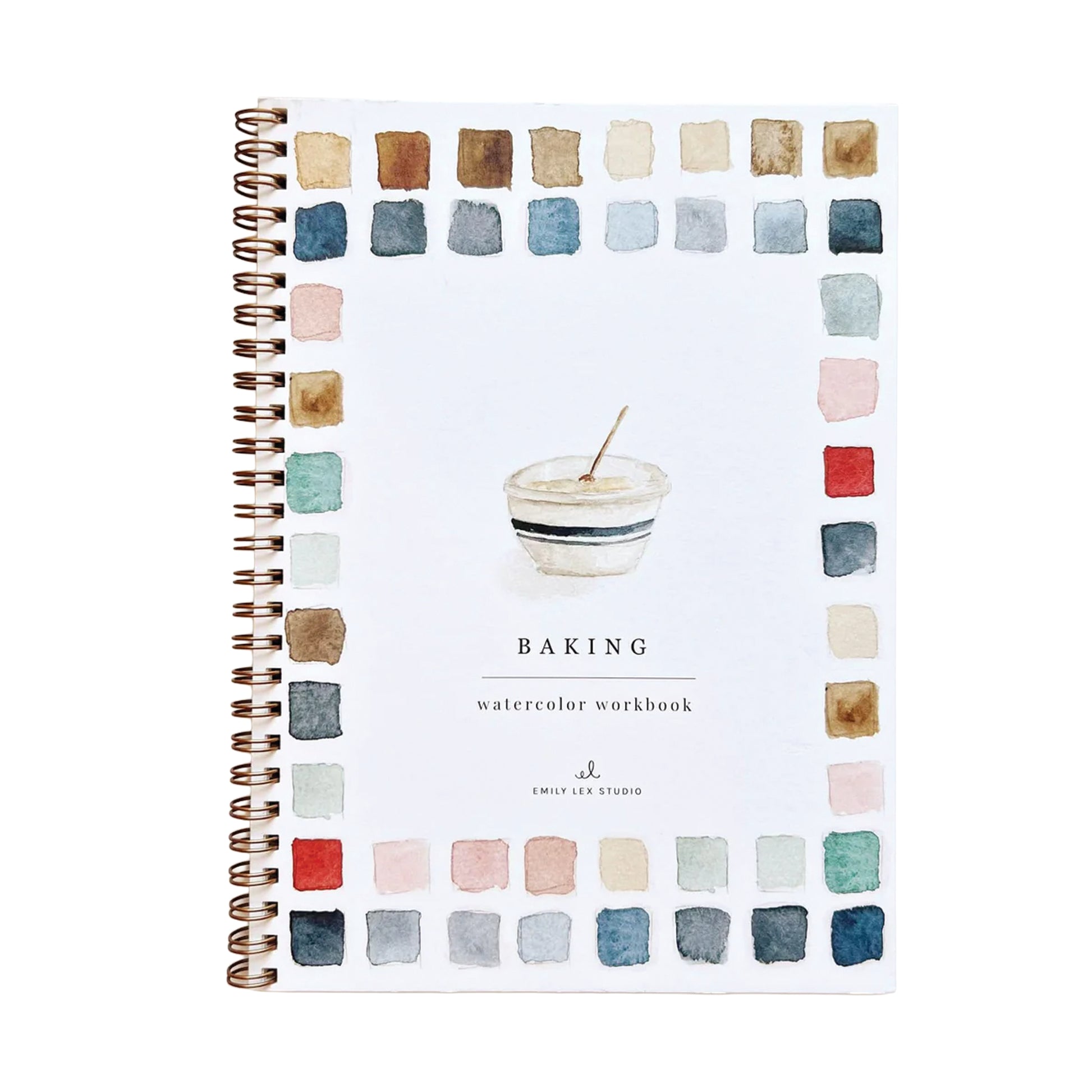 Spiral-bound workbook titled 'Baking' with watercolor squares on a white background