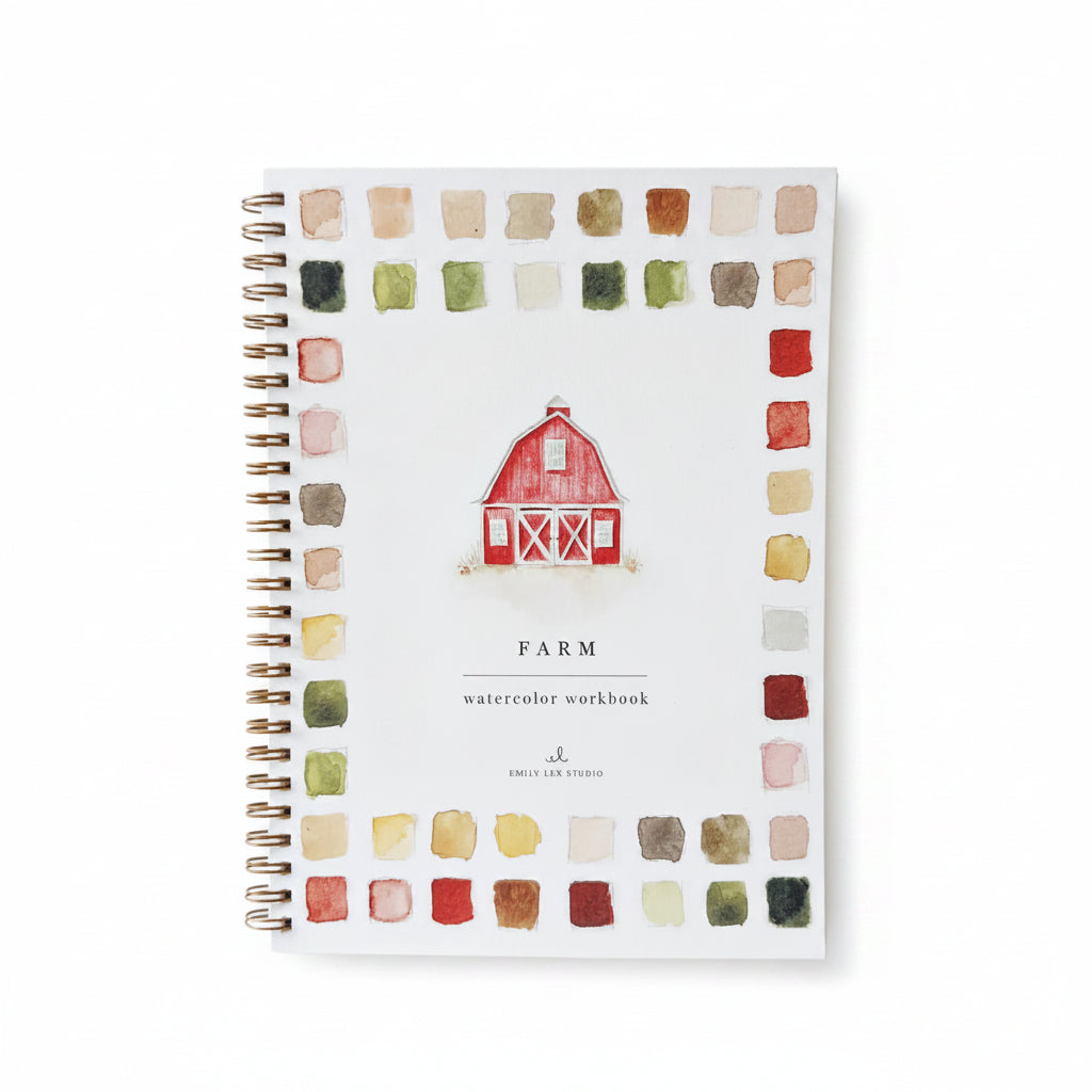Color swatch workbook titled 'Farm' with a barn illustration, surrounded by farm-themed items on a white surface.