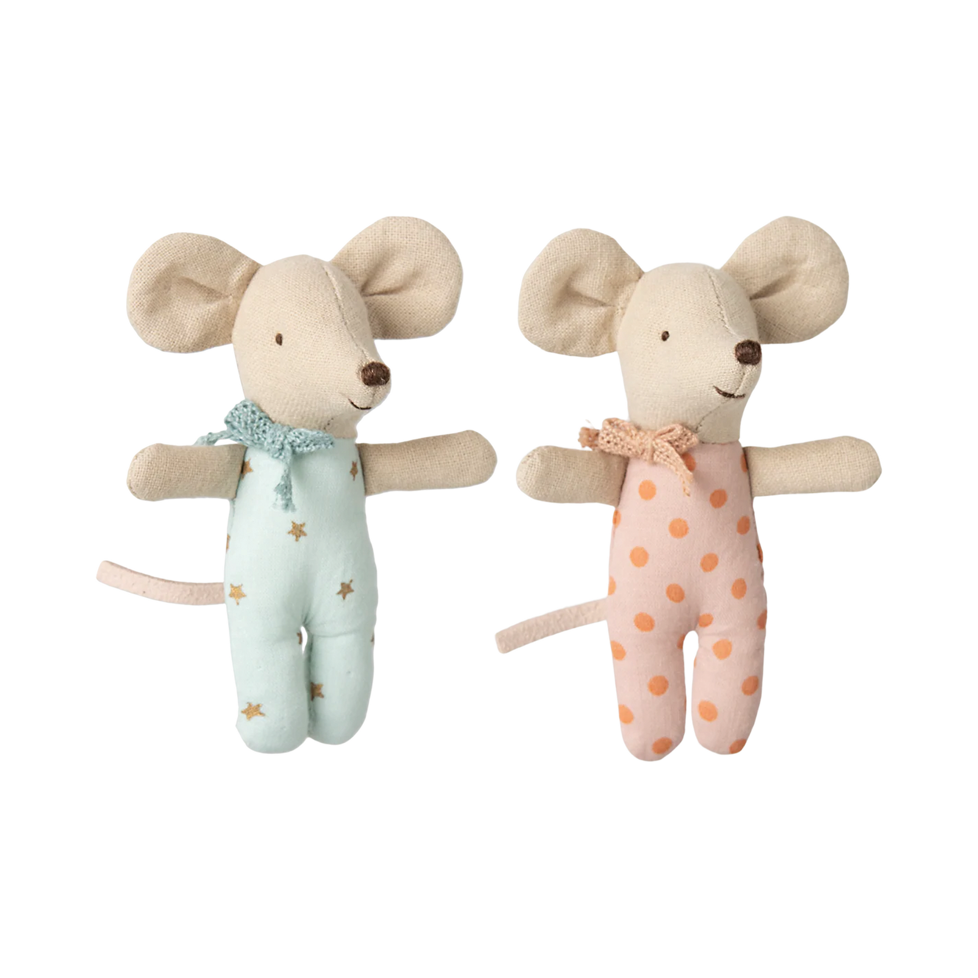 Two plush mouse toys, one in a light blue outfit with star pattern and the other in a pink outfit with orange polka dots, on a white background.