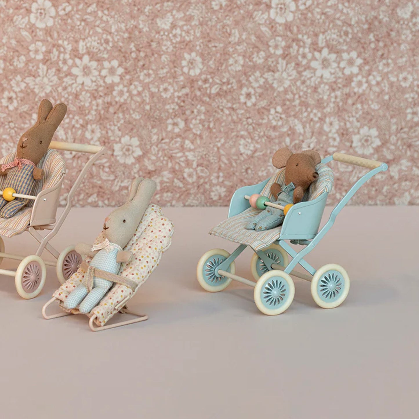 Maileg Baby Mouse Stroller in Blue — Miniature Dollhouse Accessory