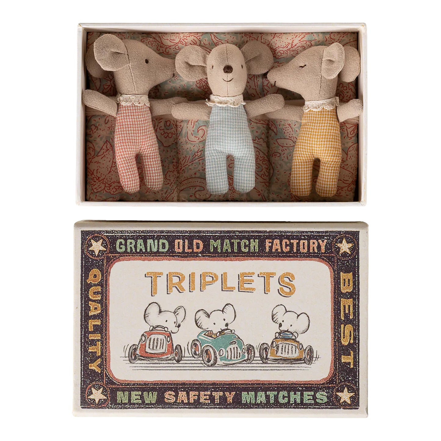 Maileg Triplets Baby Mice in Matchbox Checker — Collectible Gift Set