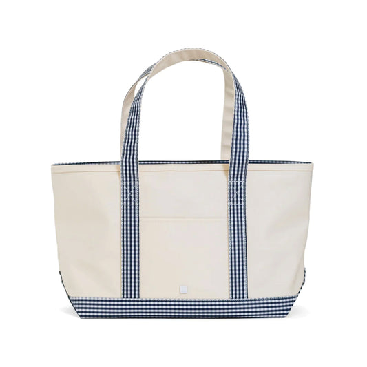 TRVL Medium Tote | Coated Canvas with Gingham Navy Trim