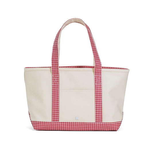 TRVL Medium Tote | Coated Canvas Natural with Gingham Red Trim