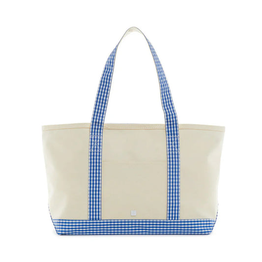 TRVL Medium Tote | Coated Canvas Natural with Gingham Royal Trim
