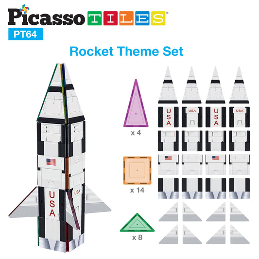 64pc Rocket, Train and School Bus Magnetic Tileset